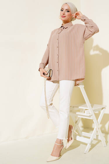 Çizgili Oversize Arkası Pileli Gömlek Vizon - Gömlek