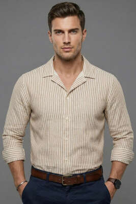 Çizgili Oversize Erkek Gömlek Camel - WİPEOUT