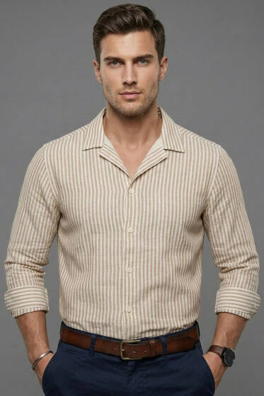 Çizgili Oversize Erkek Gömlek Camel - Erkek Gömlek