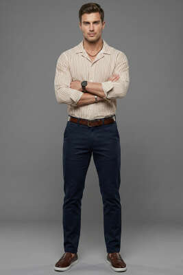 Çizgili Oversize Erkek Gömlek Camel - Erkek Gömlek