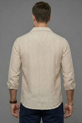 Çizgili Oversize Erkek Gömlek Camel - Erkek Gömlek