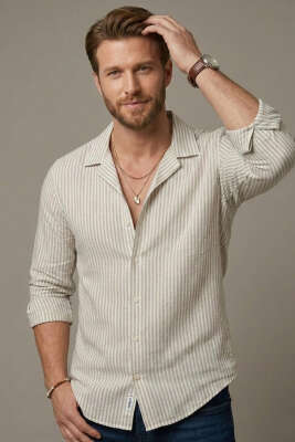 Çizgili Oversize Erkek Gömlek Gri - WİPEOUT