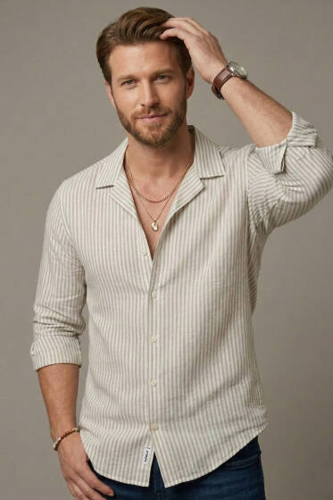 Çizgili Oversize Erkek Gömlek Gri - Erkek Gömlek