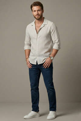 Çizgili Oversize Erkek Gömlek Gri - Erkek Gömlek