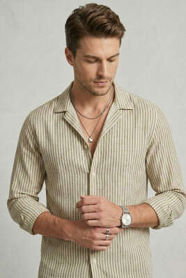 Çizgili Oversize Erkek Gömlek Haki - WİPEOUT