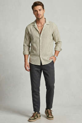 Çizgili Oversize Erkek Gömlek Haki - Erkek Gömlek