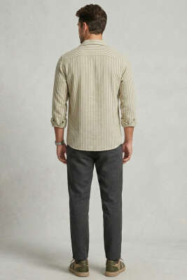 Çizgili Oversize Erkek Gömlek Haki - Erkek Gömlek