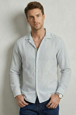 Çizgili Oversize Erkek Gömlek Mavi - WİPEOUT