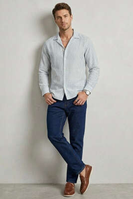 Çizgili Oversize Erkek Gömlek Mavi - Erkek Gömlek