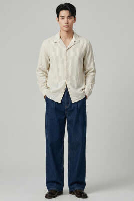 Çizgili Oversize Erkek Gömlek Taş - Erkek Gömlek