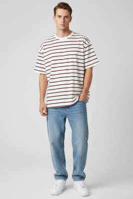Çizgili Oversize Erkek T-shirt Bordo - Erkek T-shirt