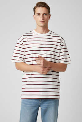 Çizgili Oversize Erkek T-shirt Bordo - DESTİNA