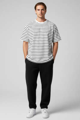Çizgili Oversize Erkek T-shirt Ekru - Erkek T-shirt