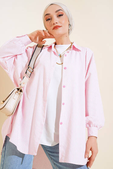 Çizgili Oversize Gömlek Beyaz Pembe - Gömlek