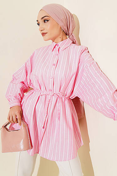 Çizgili Oversize İp Kuşaklı Gömlek Pembe - Gömlek