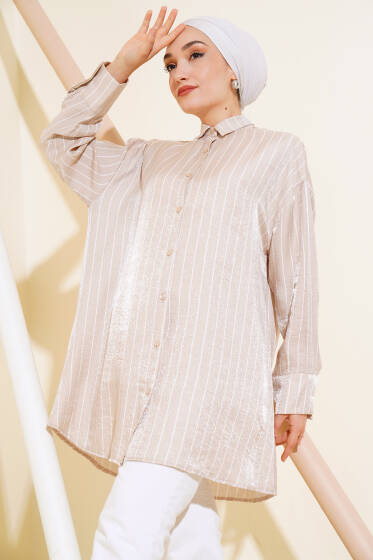 Çizgili Parlak Gömlek Bej - Gömlek