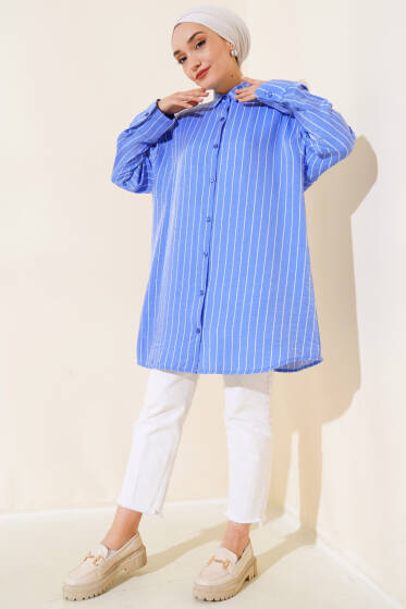 Çizgili Parlak Gömlek Saks - Gömlek