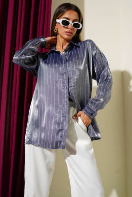 Çizgili Parlak Saten Salaş Gömlek Lacivert 