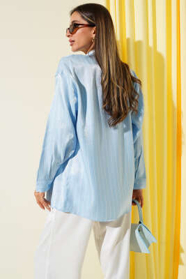 Çizgili Parlak Saten Salaş Gömlek Mavi - Yılın Fırsatı