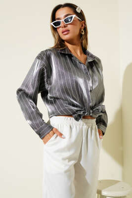 Çizgili Parlak Saten Salaş Gömlek Siyah - Yılın Fırsatı