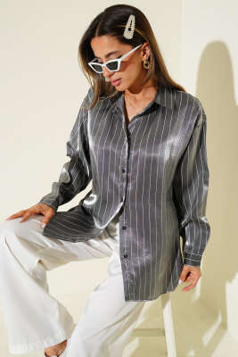 Çizgili Parlak Saten Salaş Gömlek Siyah - Yılın Fırsatı