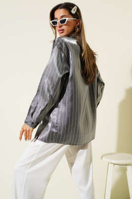 Çizgili Parlak Saten Salaş Gömlek Siyah - Yılın Fırsatı