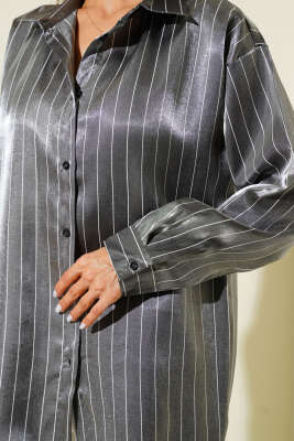 Çizgili Parlak Saten Salaş Gömlek Siyah - Yılın Fırsatı