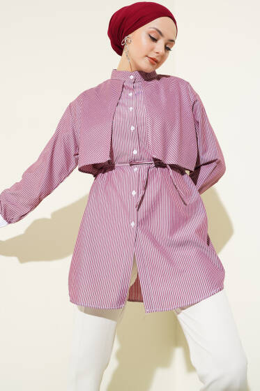 Çizgili Pelerinli Gömlek Bordo - Gömlek