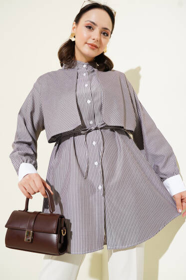 Çizgili Pelerinli Gömlek Kahve - Gömlek