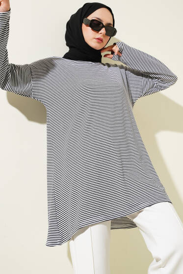 Çizgili Penye Tunik Siyah - Tunik