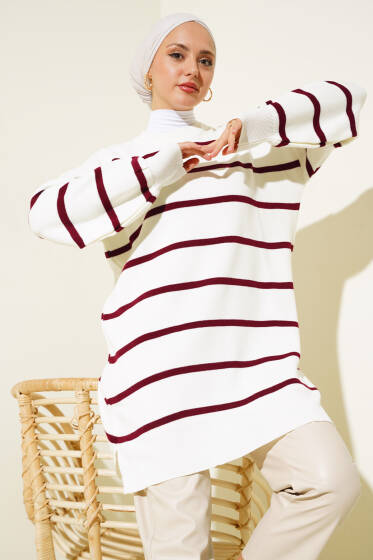 Çizgili Pike Salaş Triko Tunik Bordo - Tunik
