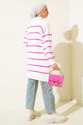 Çizgili Pike Salaş Triko Tunik Fuşya - Triko Tunik