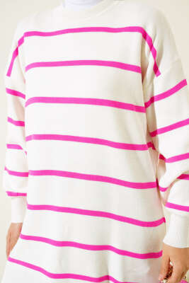 Çizgili Pike Salaş Triko Tunik Fuşya - Triko Tunik