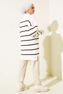 Çizgili Pike Salaş Triko Tunik Kahve - Triko Tunik