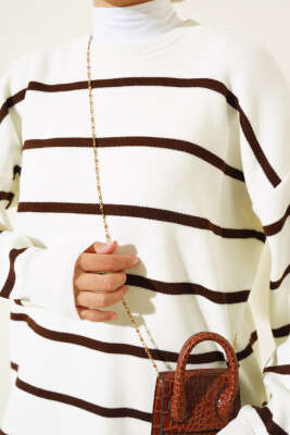 Çizgili Pike Salaş Triko Tunik Kahve - Triko Tunik