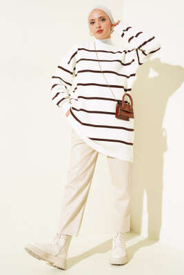 Çizgili Pike Salaş Triko Tunik Kahve - Triko Tunik