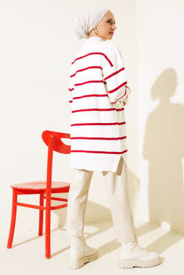 Çizgili Pike Salaş Triko Tunik Kırmızı - Triko Tunik