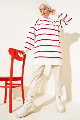 Çizgili Pike Salaş Triko Tunik Kırmızı - Triko Tunik