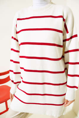 Çizgili Pike Salaş Triko Tunik Kırmızı - Triko Tunik