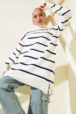 Çizgili Pike Salaş Triko Tunik Lacivert - Triko Tunik