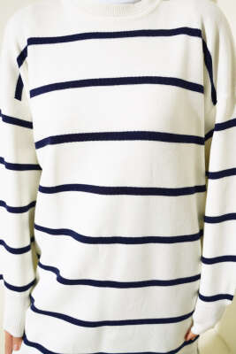 Çizgili Pike Salaş Triko Tunik Lacivert - Triko Tunik