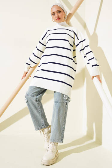 Çizgili Pike Salaş Triko Tunik Lacivert - Tunik
