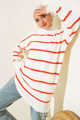 Çizgili Pike Salaş Triko Tunik Oranj - KILIÇ TRİKO