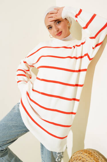 Çizgili Pike Salaş Triko Tunik Oranj - Tunik