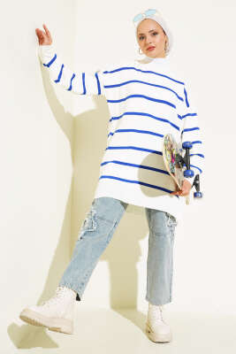 Çizgili Pike Salaş Triko Tunik Saks - Triko Tunik