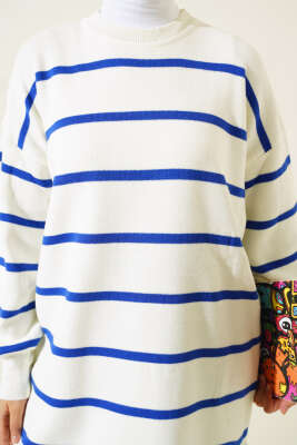 Çizgili Pike Salaş Triko Tunik Saks - Triko Tunik