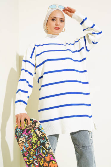 Çizgili Pike Salaş Triko Tunik Saks - Tunik