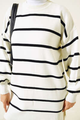 Çizgili Pike Salaş Triko Tunik Siyah - Triko Tunik