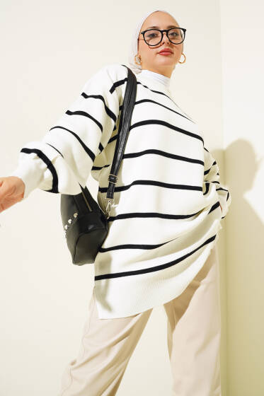 Çizgili Pike Salaş Triko Tunik Siyah - Tunik