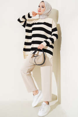 Çizgili Pirinç Örgü Salaş Triko Tunik Bej - Triko Tunik